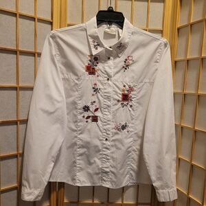 Napa Valley Womens Floral White Embroidered Pearl Button Shirt Sz XL